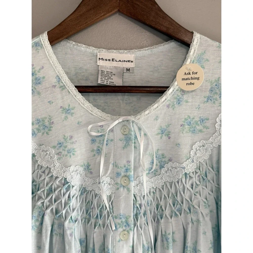 Miss Elaine Nightgown Robe Set 2Pc Floral Lace Cottage Flutter Sleeve Knit Zip M - Picture 4 of 13